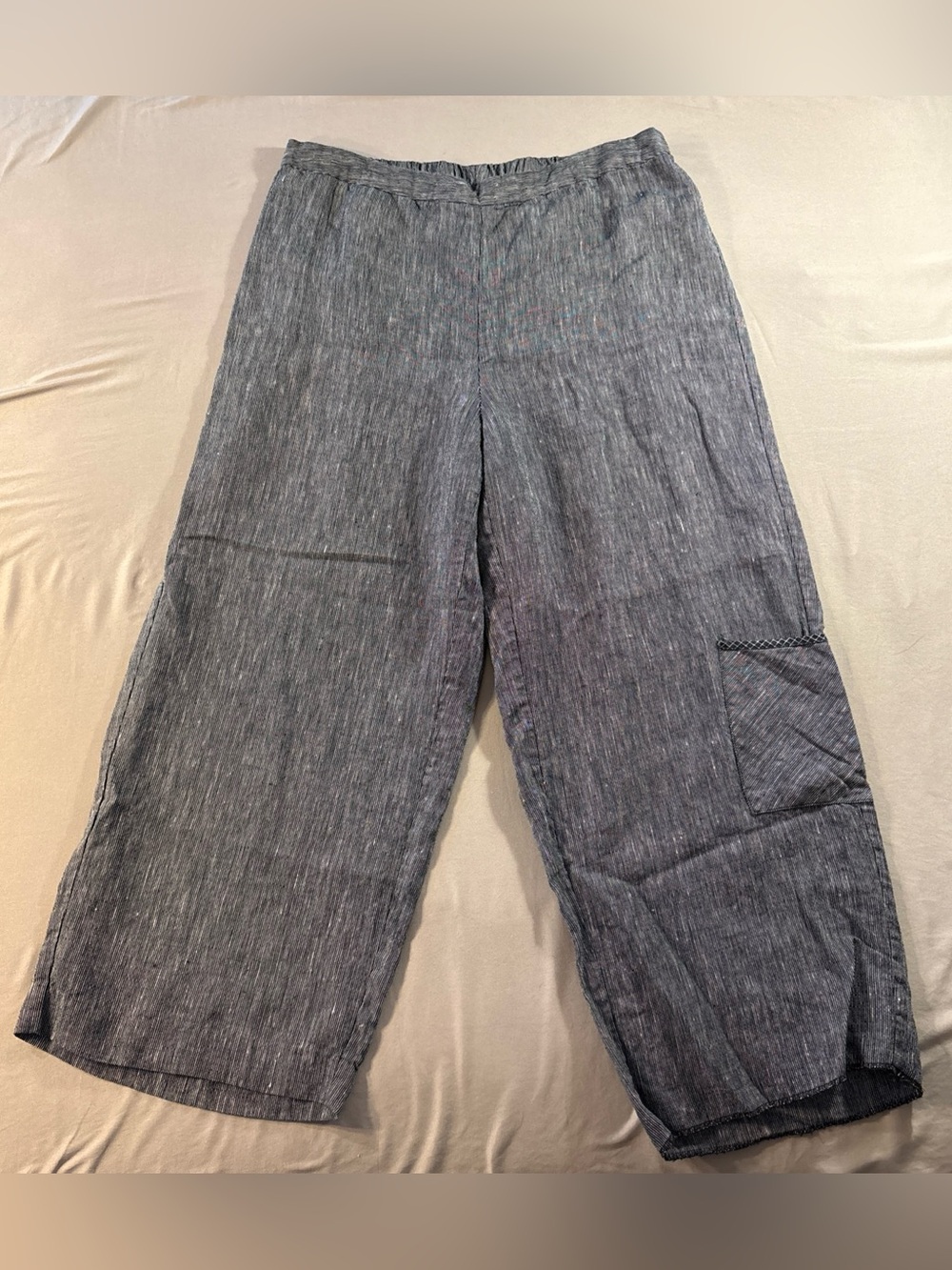Habitat Wide Leg Pants Womens Sz L Blue White Striped 100% Linen Trousers Casual